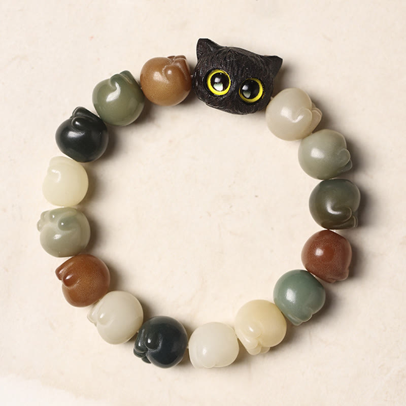 Natural Bodhi Seed Lovely Paw Ebony Wood Lucky Cat Wisdom Bracelet - Image 3