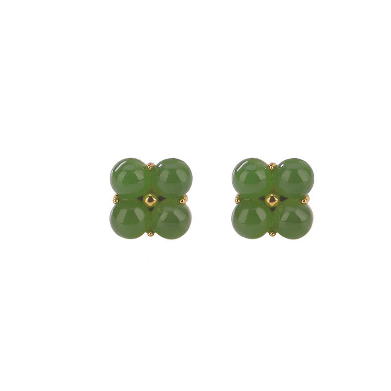 925 Sterling Silver Plated Gold Natural Cyan Jade Four Leaf Clover Luck Stud Earrings - Image 9