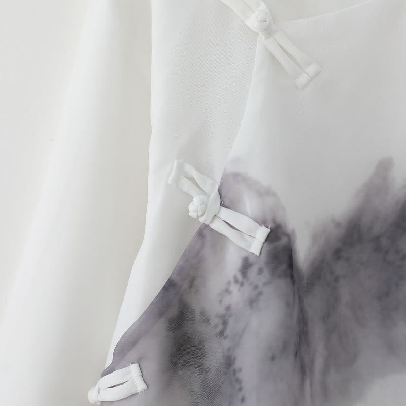 Men's Frog-Button Mountain Landscape Ink Painting Half Sleeve Shirt - Image 11