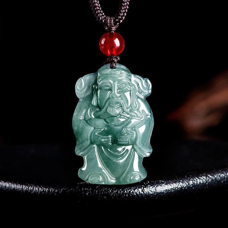 Natural Green Jade Chinese God of Wealth Caishen Ingot Abundance Necklace Pendant