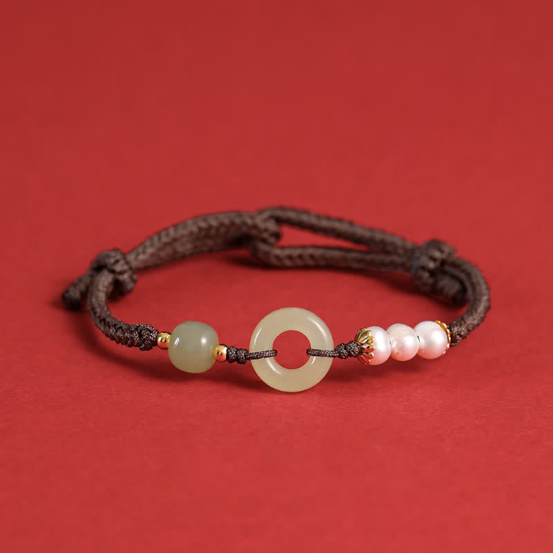 Natural Hetian Jade Pearl Peace Buckle Luck Bracelet - Image 16