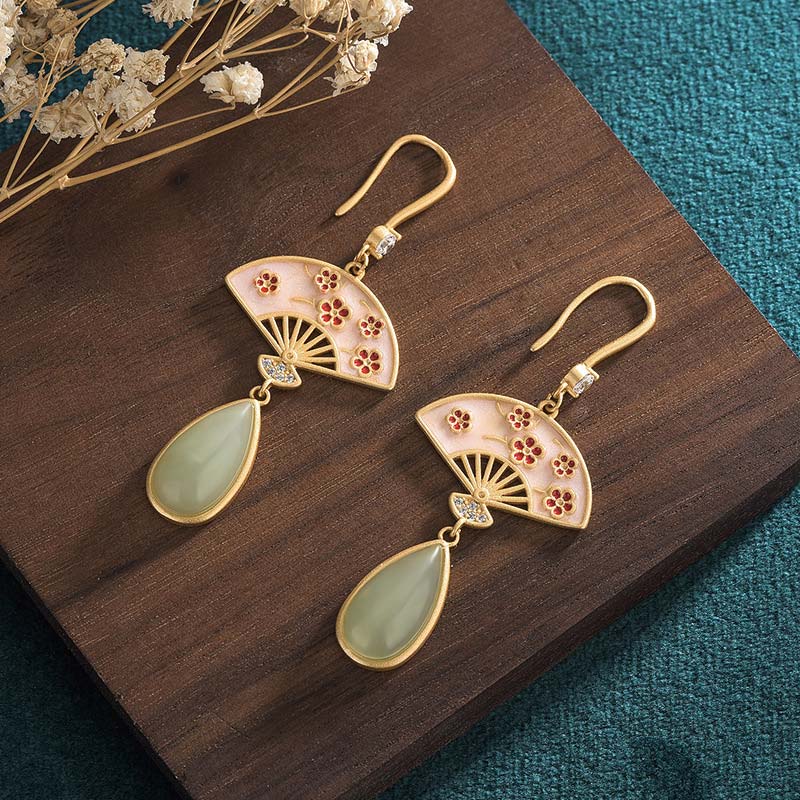 Natural Green Aventurine Fan Pattern Luck Drop Earrings - Image 6