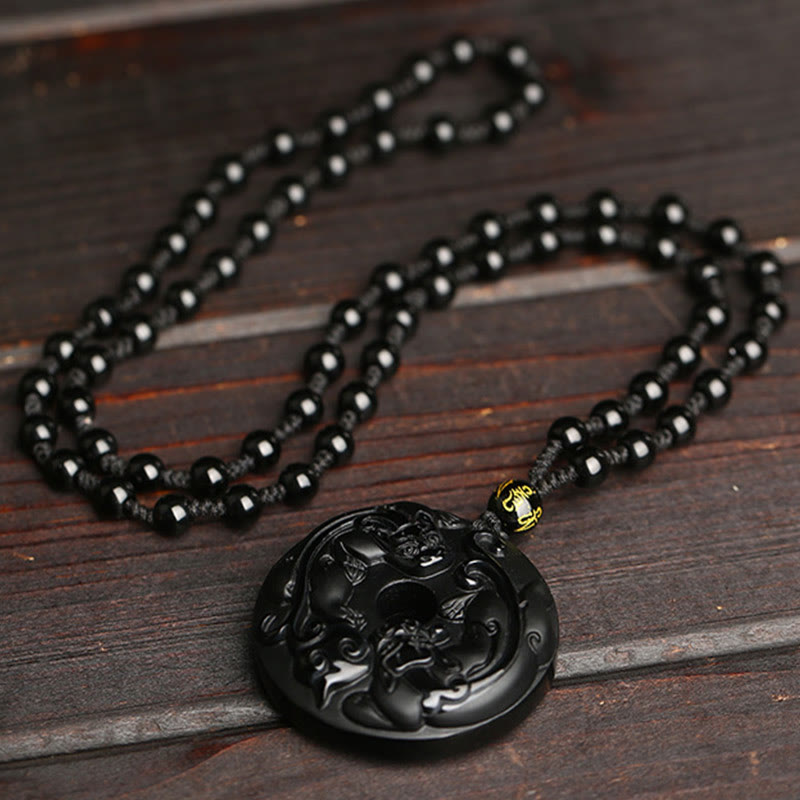 Natural Black Obsidian Peace Buckle Pixiu Bead Rope Strength Necklace Pendant - Image 3