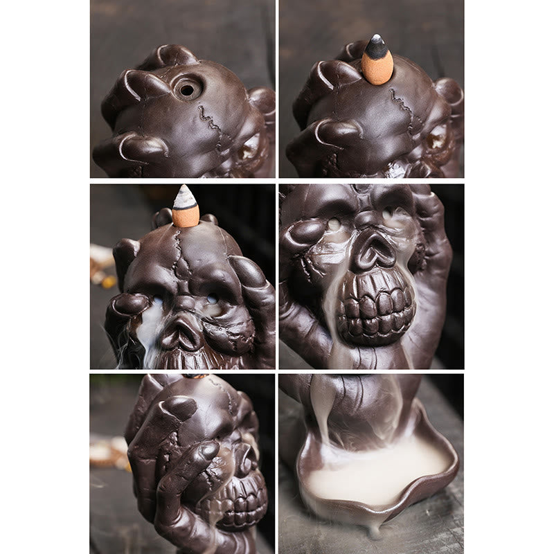 Halloween Skull With Ghost Hand Purple Clay Spiritual Incense Burner Decoration - Image 10
