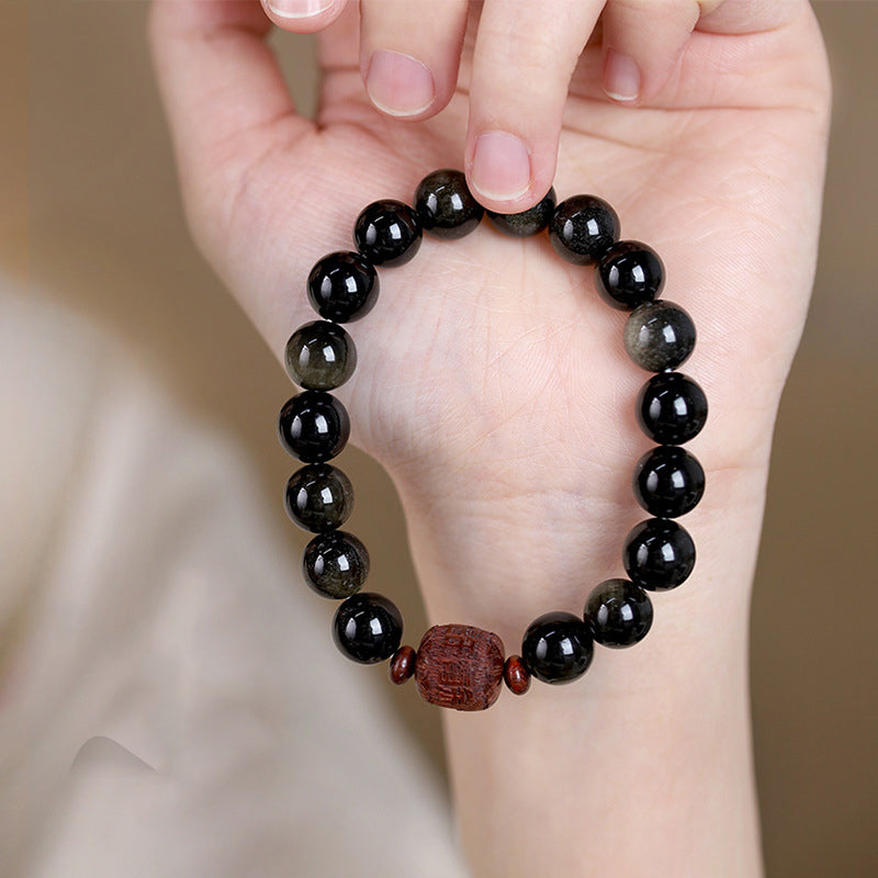 Natural Gold Sheen Obsidian Rainbow Obsidian Om Mani Padme Hum Fu Character Healing Bracelet - Image 23