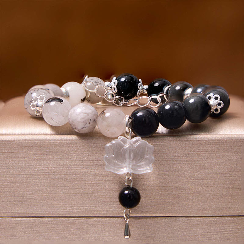 Silver Sheen Obsidian Crackle Clear Quartz Black Rutilated Quartz Yin Yang Lotus Protection Bracelet - Image 16