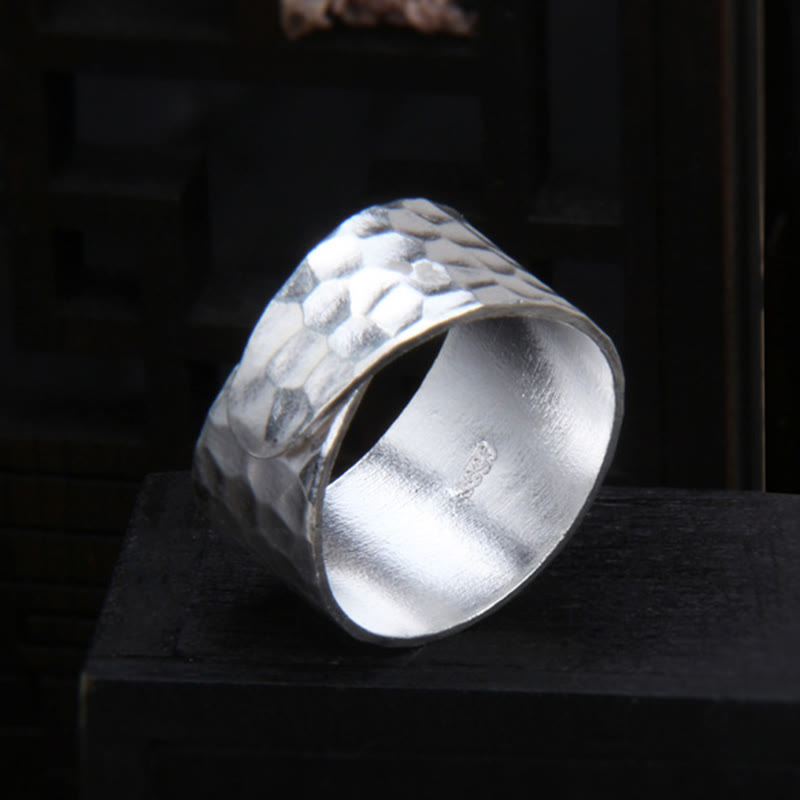 Tibetan 990 Sterling Silver Handmade Rustic Hammered Pattern Ring - Image 4