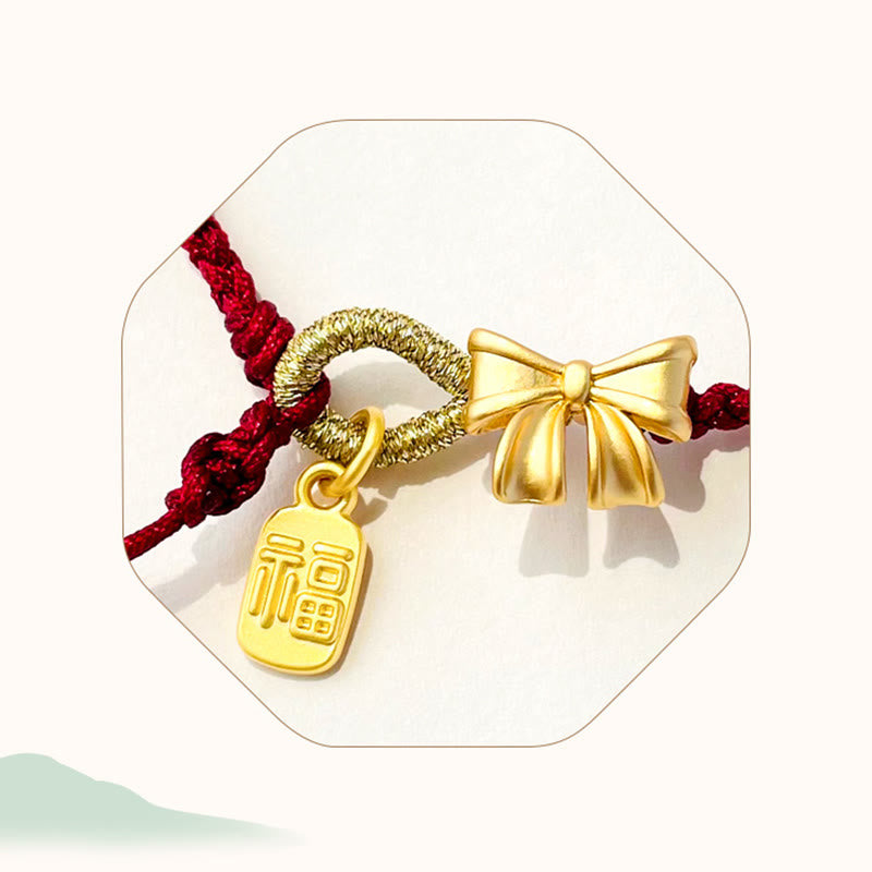 Handmade Peach Blossom Rosette Bow Knot Fu Character Charm Luck Fortune Red Rope Bracelet - Image 8