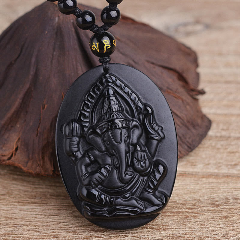 Tibetan Obsidian Ganesh Ganpati Elephant Wealth Amulet Necklace - Image 5