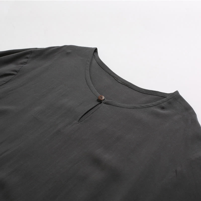 Men's Solid Color Round Neck Short Sleeve Cotton Linen Shirt - Image 8