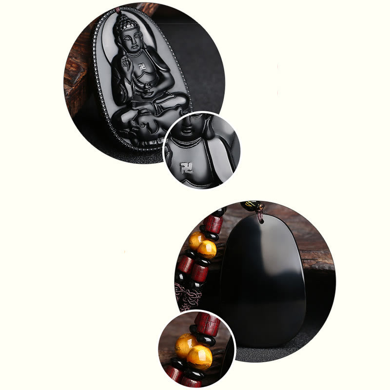 Chinese Zodiac Natal Buddha Natural Black Obsidian Purification Necklace Pendant - Image 5