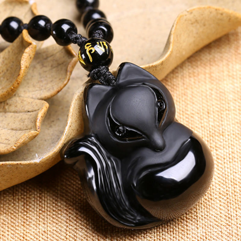 Natural Black Obsidian Tiger Eye Ice Obsidian Fox Pendant Amulet Necklace - Image 4