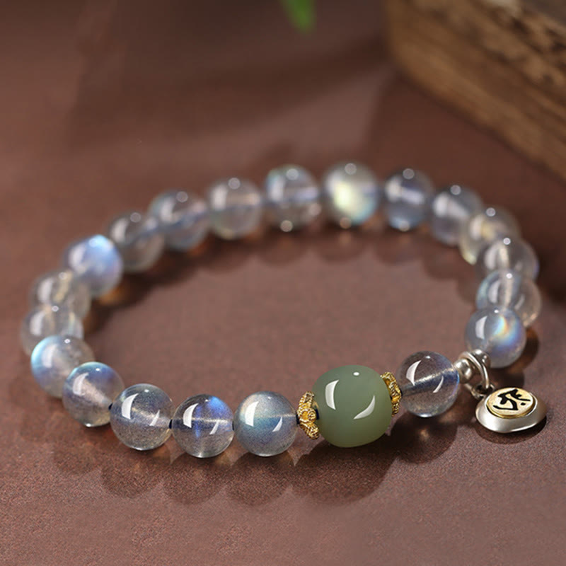 Chinese Zodiac Natal Buddha 925 Sterling Silver Natural Moonstone Hetian Jade Positive Bracelet - Image 3