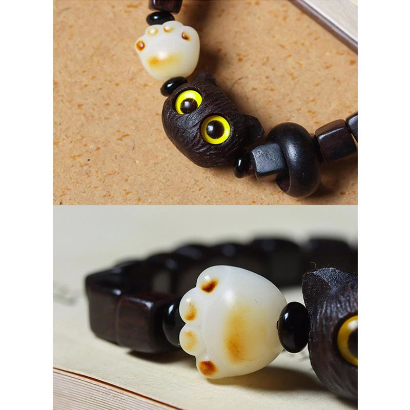 Ebony Wood Cute Cat Bodhi Seed Paw Claw Square Beads Calm Bracelet - Image 6
