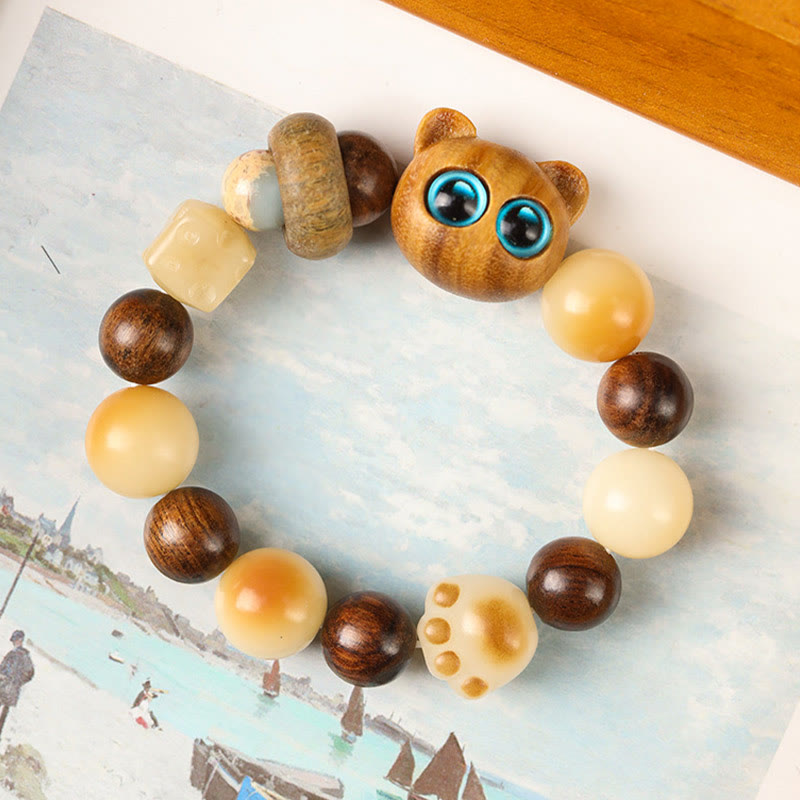 Natural Bodhi Seed Sandalwood Lucky Cute Cat Head Paw Claw Peace Bracelet - Image 7