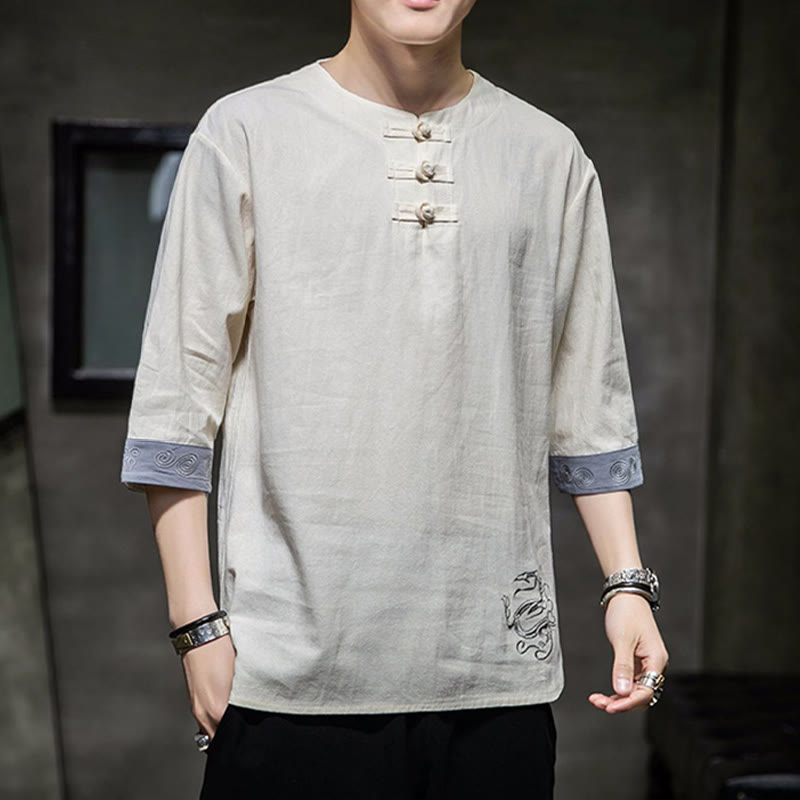 Frog-Button Dragon Embroidery Chinese Tang Suit Three Quarter Sleeve Shirt Cotton Linen Men Clothing - Image 9