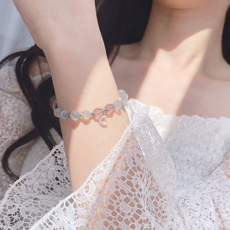Strawberry Quartz Moonstone Luck Moon Charm Bracelet - Image 3
