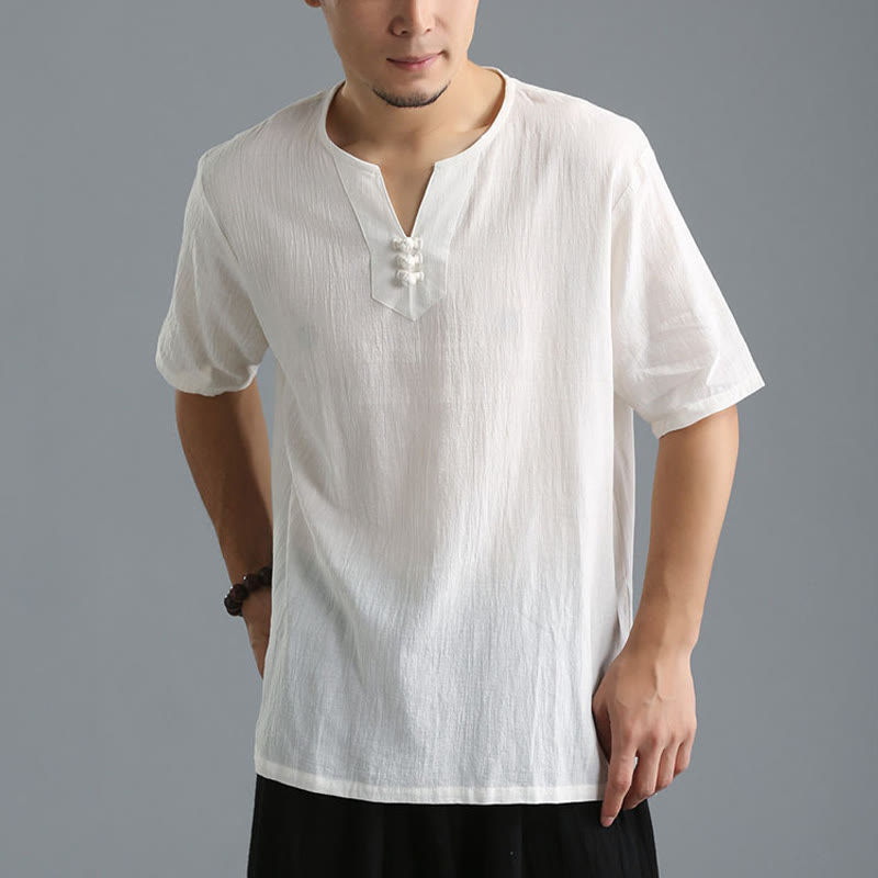 Men's Solid Color V-Neck Button Short Sleeve Cotton Linen Shirt