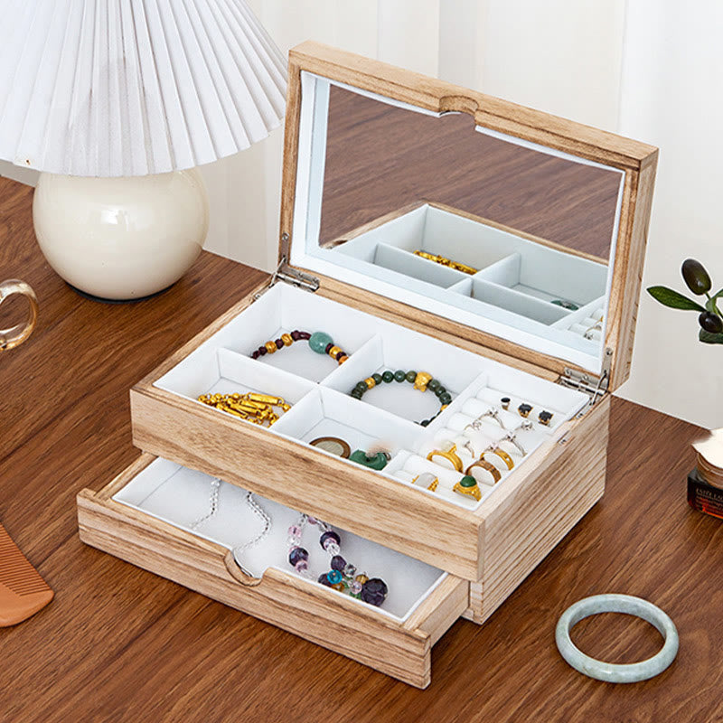 Retro Beige Wooden Jewelry Box Two-Layer Jewelry Storage Box With Mirror - Image 4