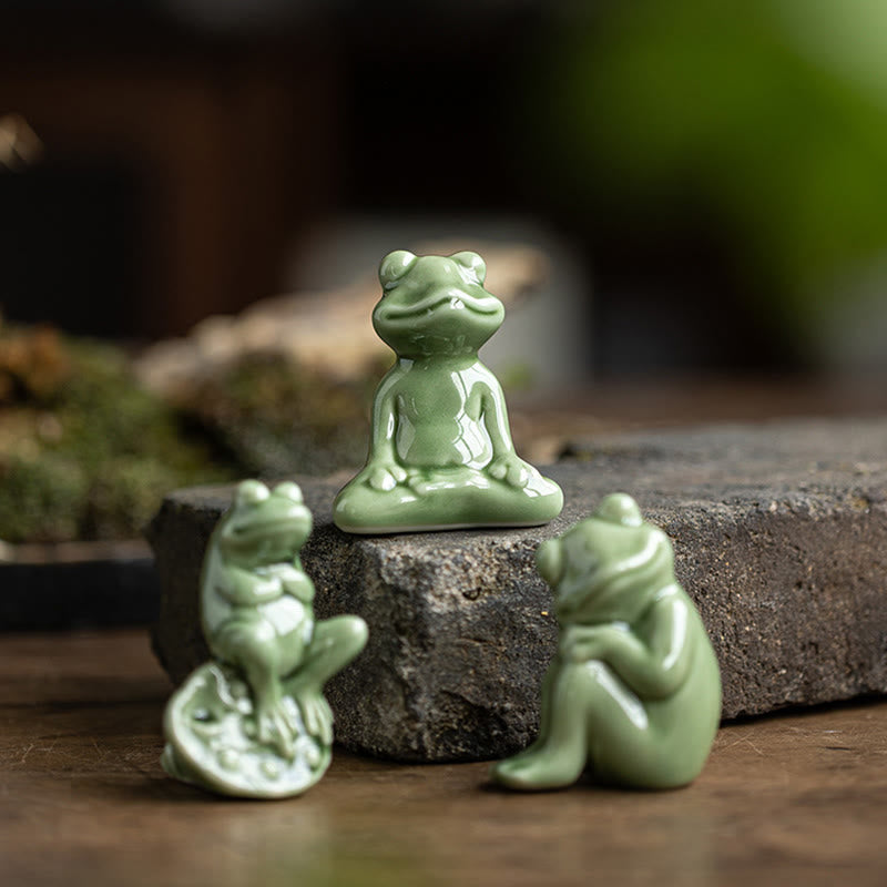 Mini Small Meditation Lotus Resting Frog Ceramic Wealth Luck Home Tea Pet Figurine Decoration
