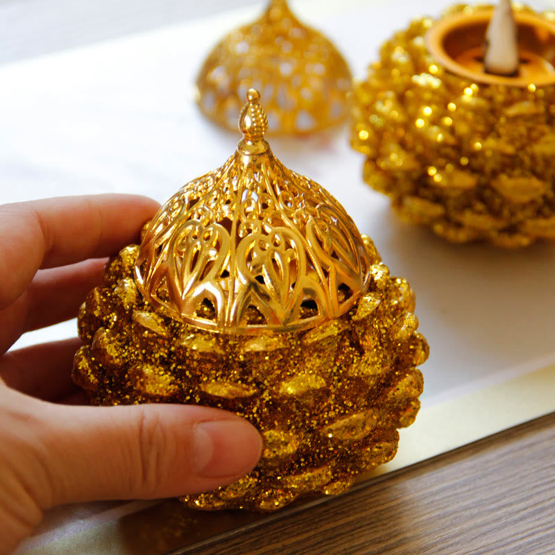 Gold Pine Cone Pattern Spiritual Rituals Mini Incense Burner Home Tabletop Decor - Image 9