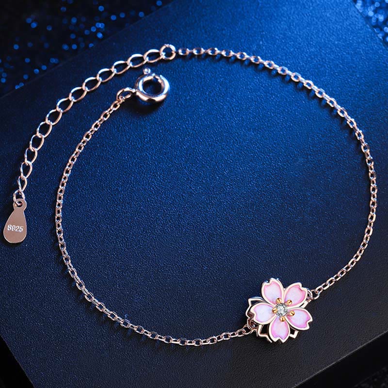 925 Sterling Silver Cherry Blossom Blessing Chain Bracelet Rotatable Ring - Image 3