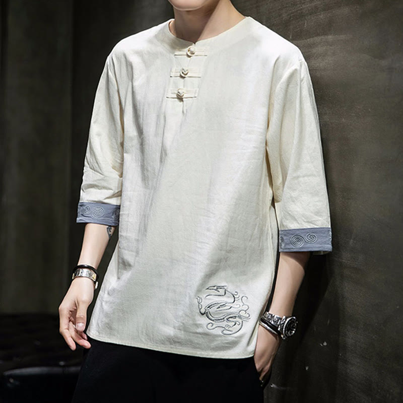 Frog-Button Dragon Embroidery Chinese Tang Suit Three Quarter Sleeve Shirt Cotton Linen Men Clothing - Image 5