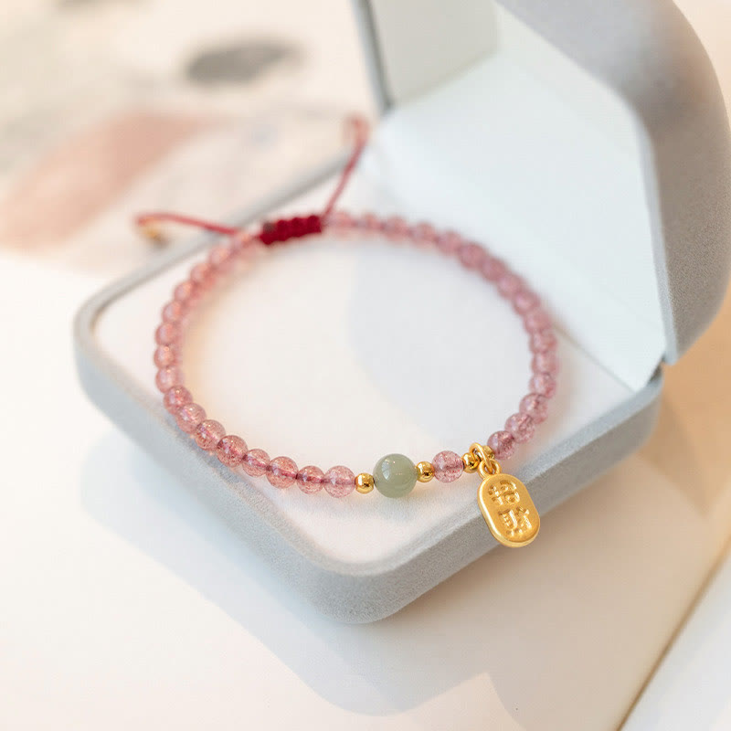 Natural Strawberry Quartz Garnet Jade Lucky Fortune Fu Character Healing Charm Bracelet