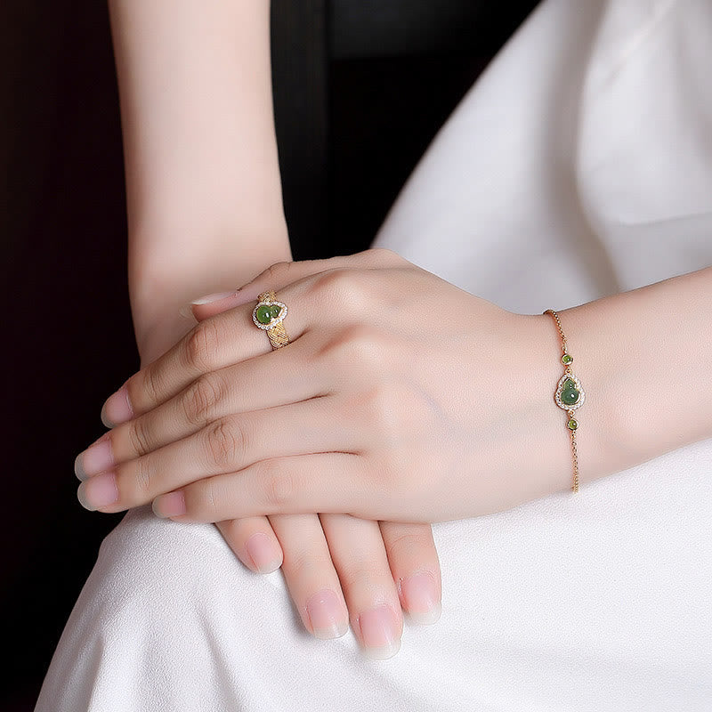 925 Sterling Silver Plated Gold Natural Hetian Cyan Jade Gourd Luck Bracelet Ring Set - Image 3