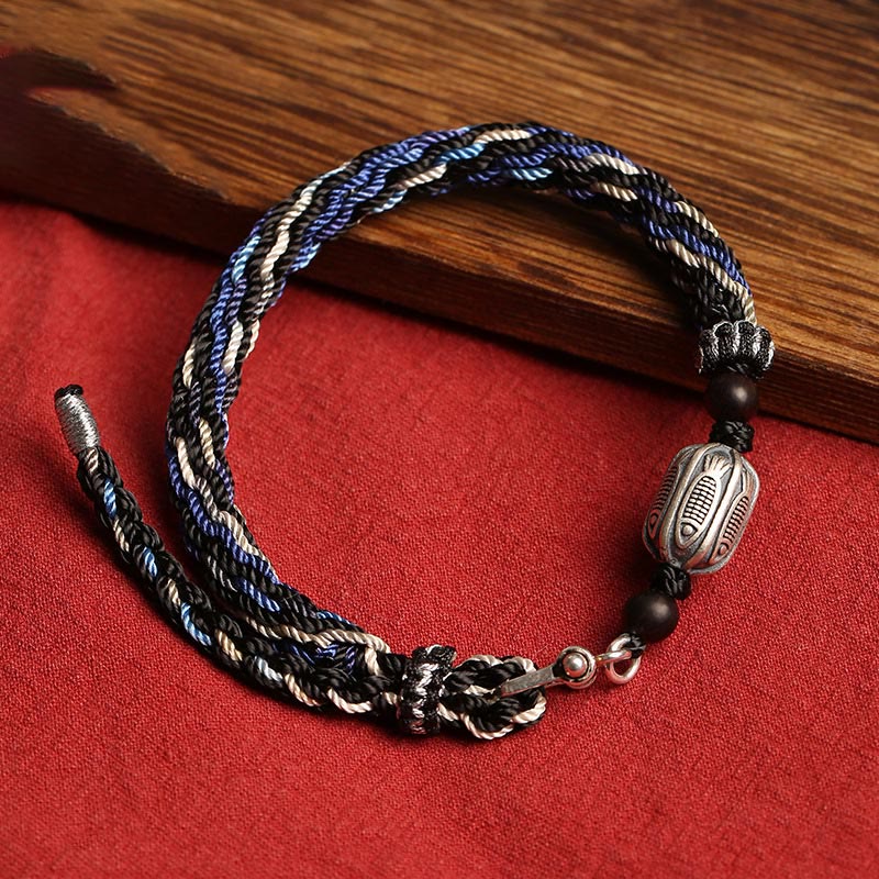 925 Sterling Silver Koi Fish Wealth Reincarnation Knot Braid String Bracelet