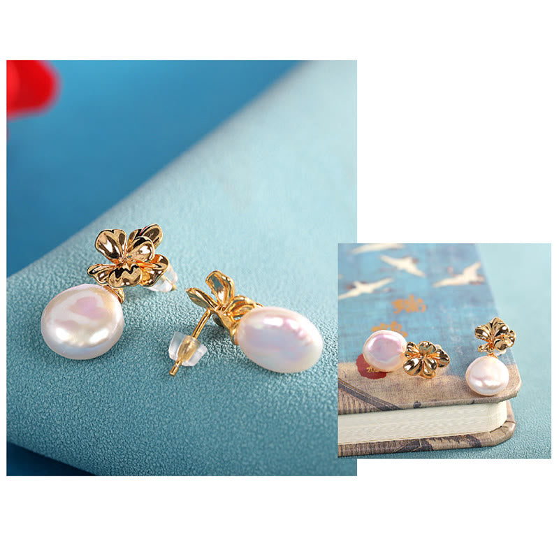 925 Sterling Silver Natural Baroque Pearl Flower Healing Drop Earrings - Image 6