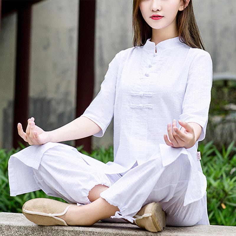 2Pcs Half Sleeve Shirt Top Pants Meditation Zen Tai Chi Linen Clothing Women's Set - Image 5
