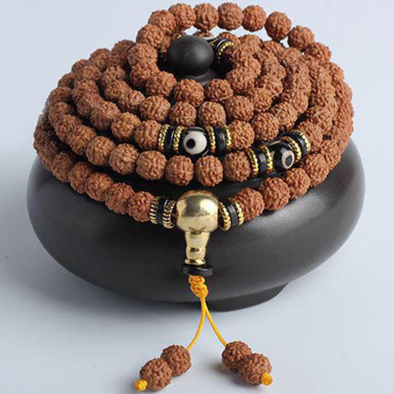 108 Mala Beads Rudraksha Bodhi Seed Dzi Bead Luck Wealth Bracelet - Image 8