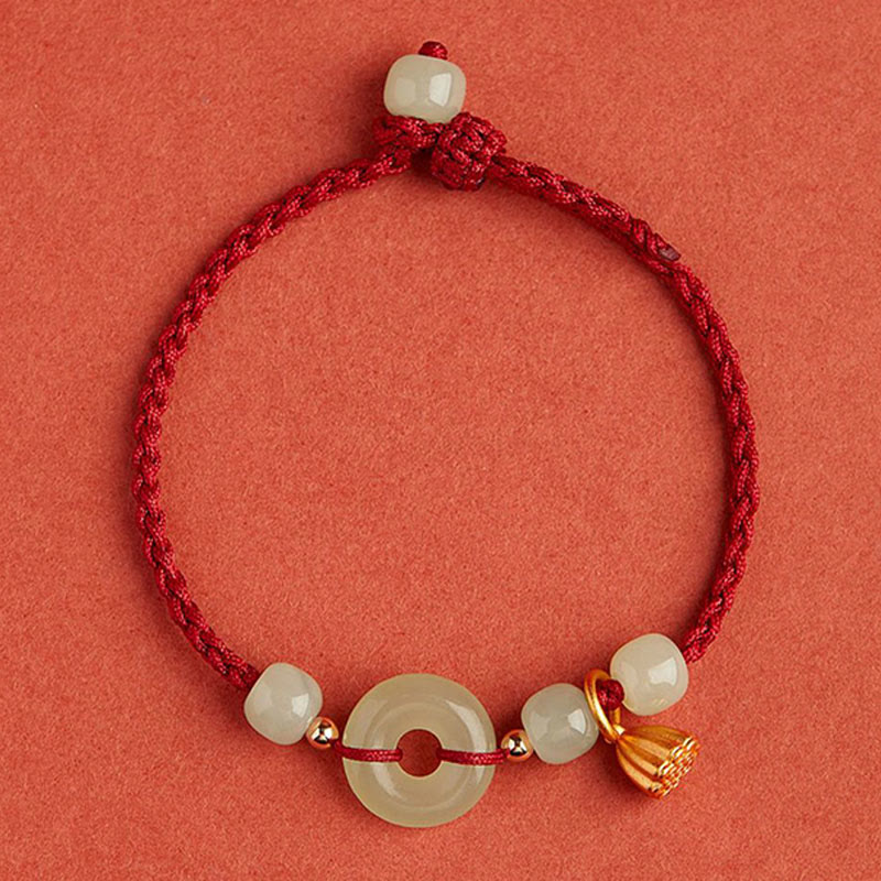 Round Peace Buckle Jade Lotus Happiness Abundance Wealth String Bracelet - Image 9