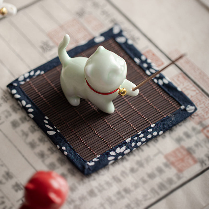 Mini Lucky Cat Kitten Tea Pet Ceramic Home Desk Figurine Decoration With Bamboo Mat - Image 15