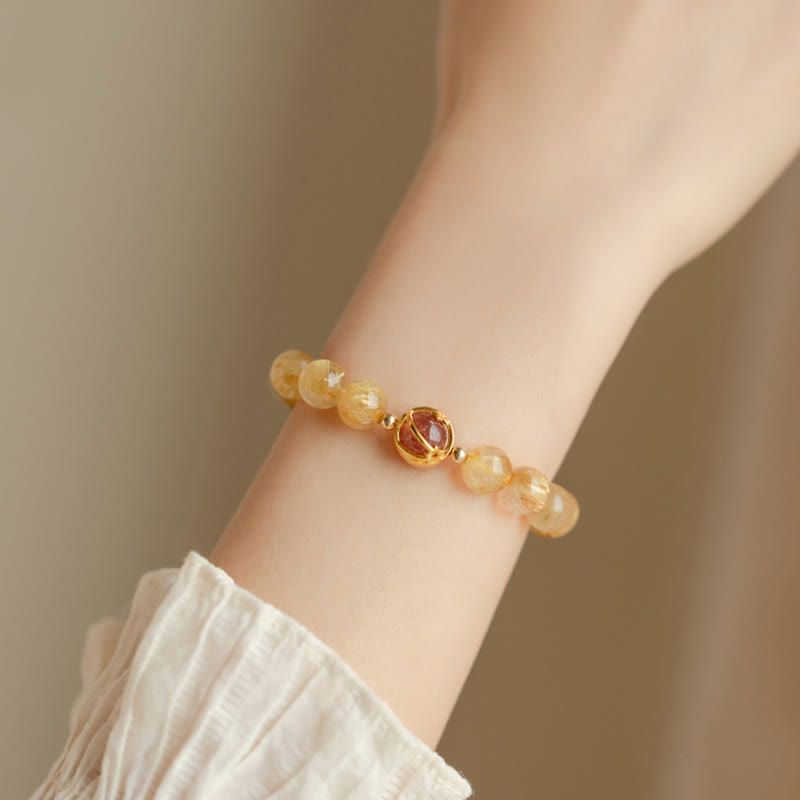Golden Rutilated Quartz Strawberry Quartz Star Protection Bracelet - Image 5
