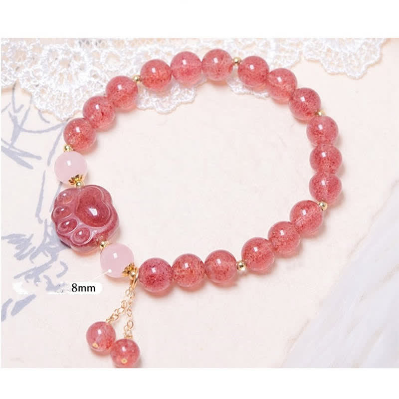 Natural Strawberry Quartz Pink Crystal Lucky Cat Paw Love Bracelet - Image 6
