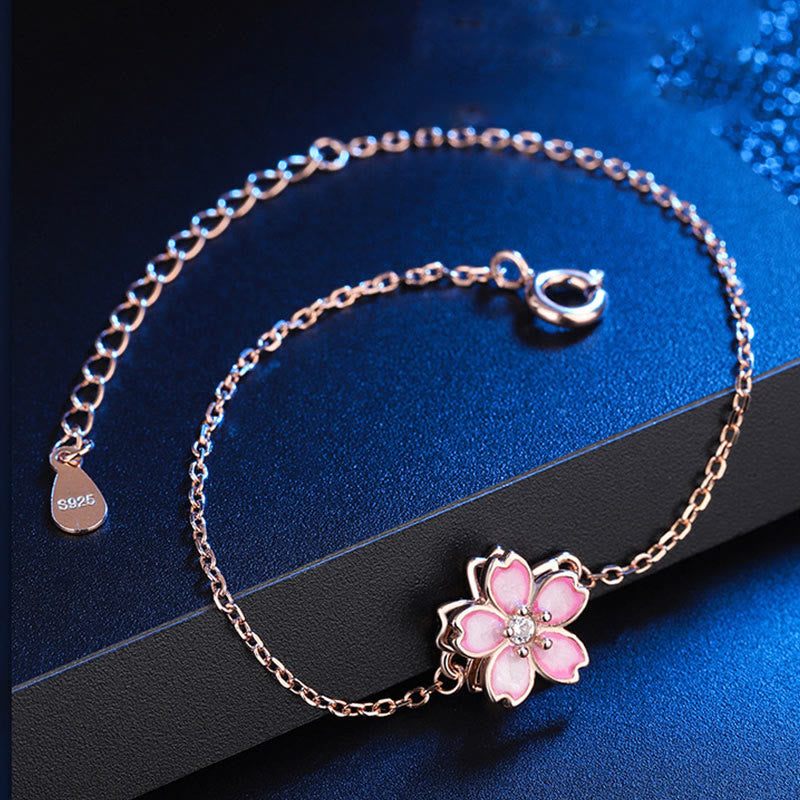 925 Sterling Silver Cherry Blossom Blessing Chain Bracelet Rotatable Ring - Image 2