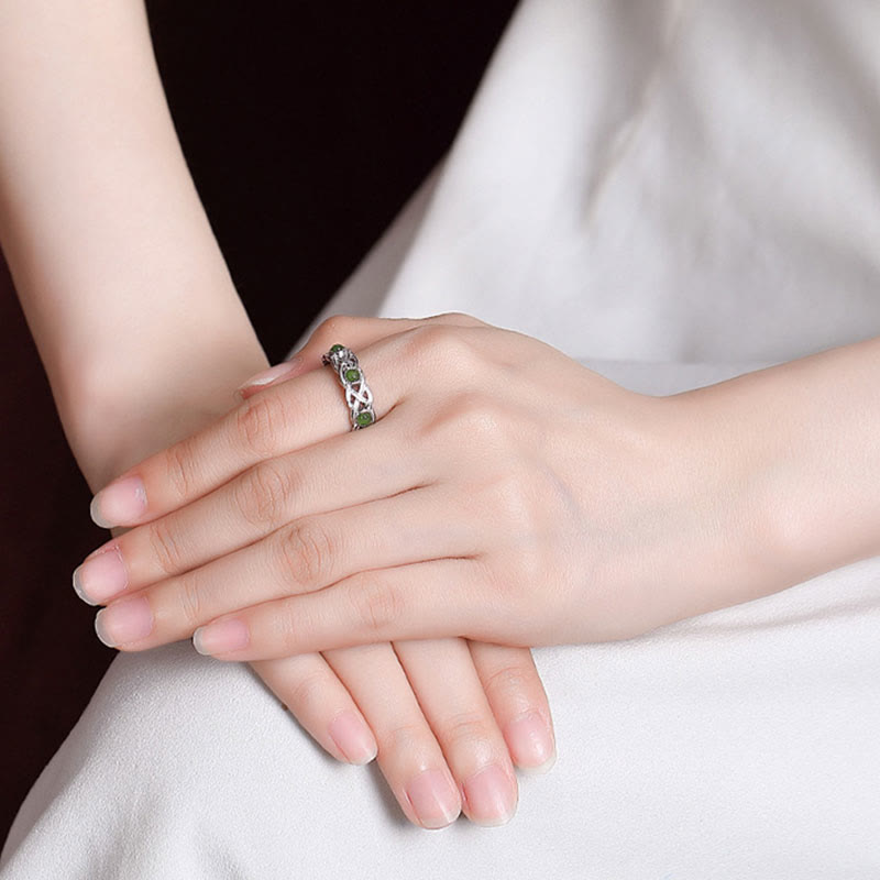 925 Sterling Silver Plated Gold Cyan Jade Braided Design Success Luck Adjustable Ring - Image 10