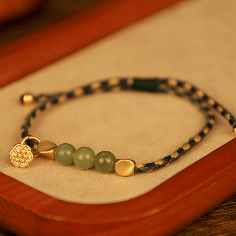 Handcrafted Hetian Jade Lotus Charm Luck Braided Bracelet - Image 7