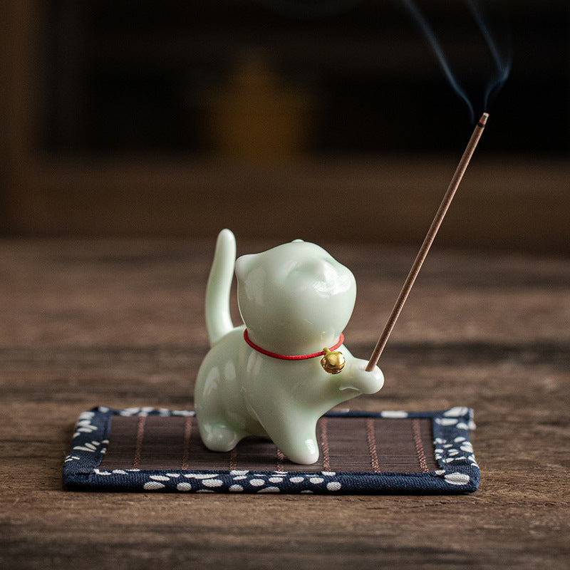 Mini Lucky Cat Kitten Tea Pet Ceramic Home Desk Figurine Decoration With Bamboo Mat - Image 12
