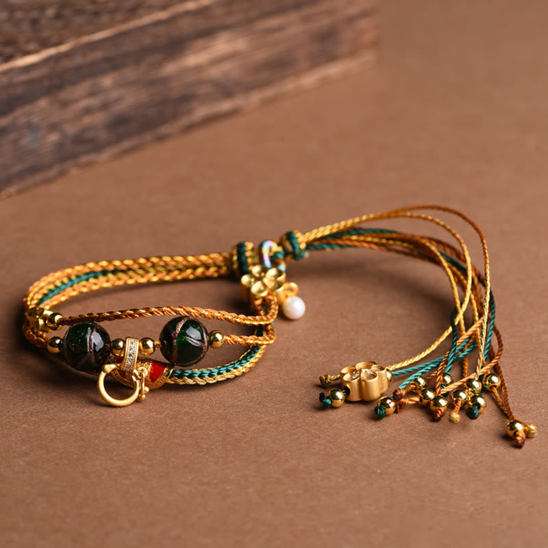 Tibetan Handmade Rope Liuli Glass Bead Braided Multilayered Healing Bracelet - Image 4