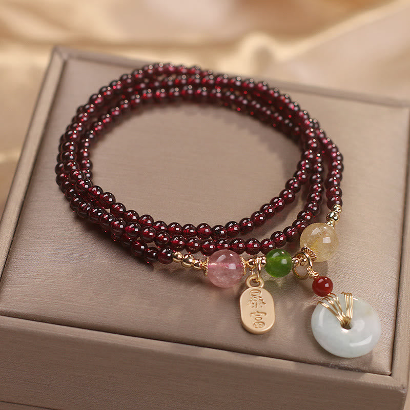 Natural Garnet Strawberry Quartz Crystal Fox Koi Fish Peace Buckle Fortune Protection Triple Wrap Bracelet - Image 12