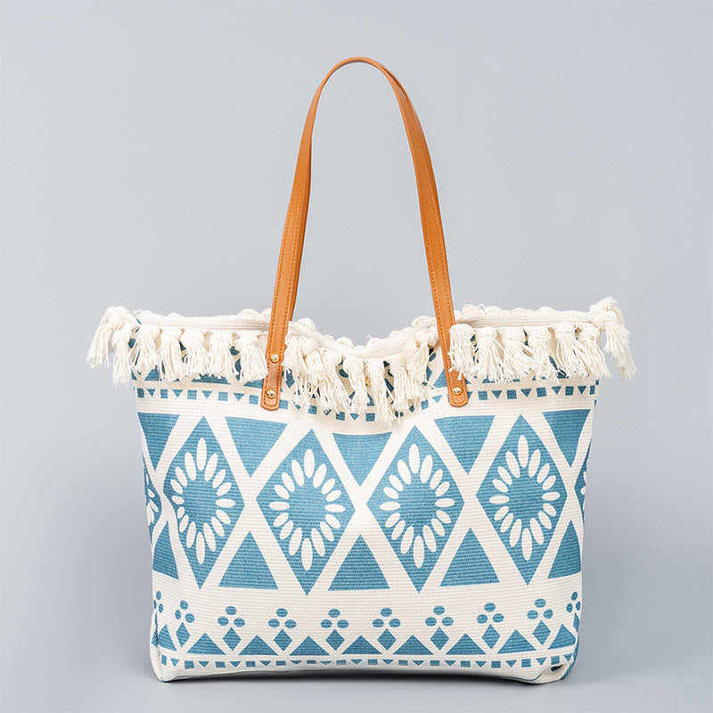 Large Capacity Boho Geometry Print Tassel Canvas Tote Shoulder Bag