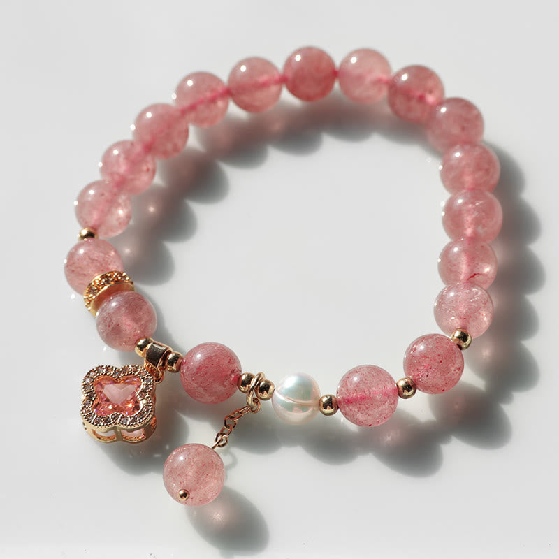 Strawberry Quartz Pearl Four Leaf Clover Charm Healing Bracelet - Image 10