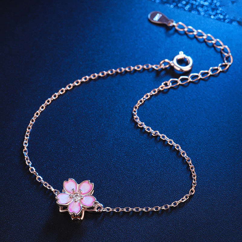 925 Sterling Silver Cherry Blossom Blessing Chain Bracelet Rotatable Ring - Image 6