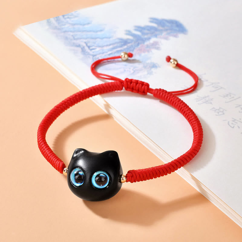 Ebony Wood Cat Head Pattern Peace King Kong Knot Braided Bracelet - Image 9