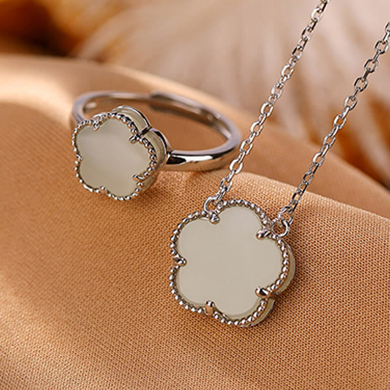 925 Sterling Silver Plated Gold Natural Hetian Jade Flower Luck Necklace Pendant Ring Set - Image 4
