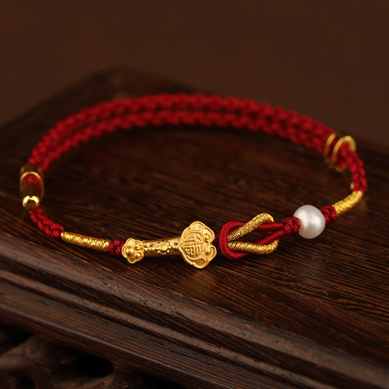 24K Gold Wish Ruyi Handle Fu Character Rabbit Pearl Luck Braided Bracelet - Image 3