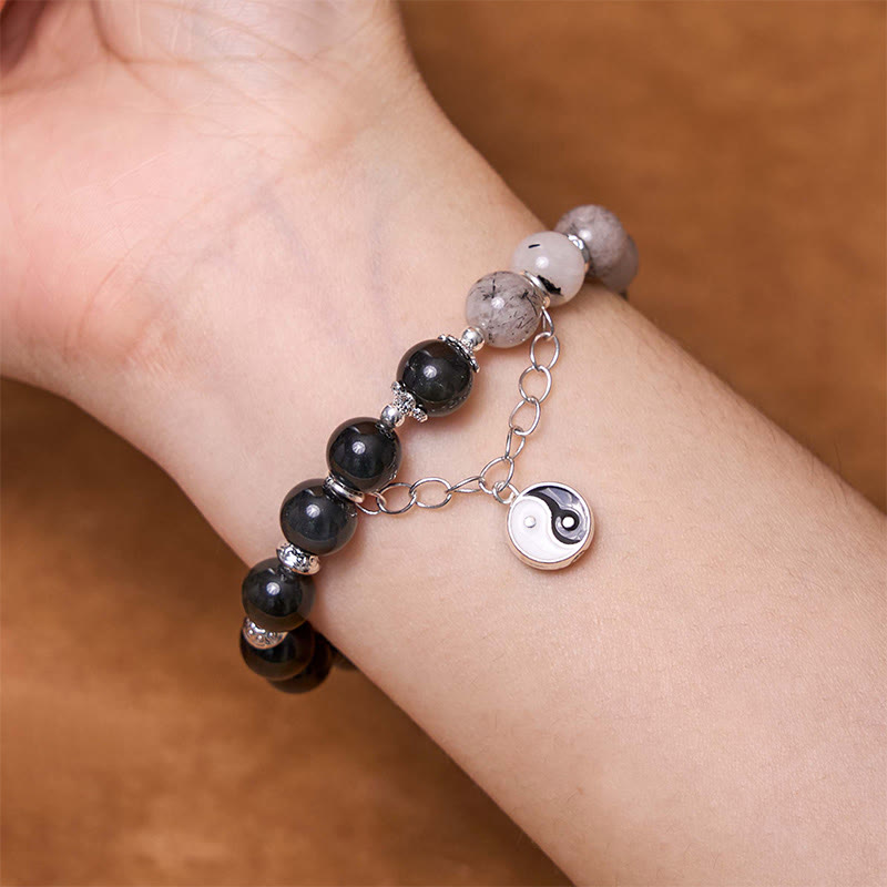 Silver Sheen Obsidian Crackle Clear Quartz Black Rutilated Quartz Yin Yang Lotus Protection Bracelet - Image 17